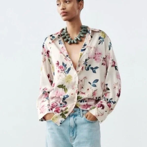 Zara Cream Floral Blouse with Pink and Green Accents - Picture 1 of 6